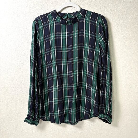 Loft Top Womens Size M Blue Green Plaid Long Sleeve Mock Neck Academia Preppy - Picture 1 of 10